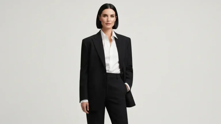 Kobieta w czarnej marynarce oversize, biała koszula, czarne spodnie, minimalistyczny look, portret 3:4 Pinterest