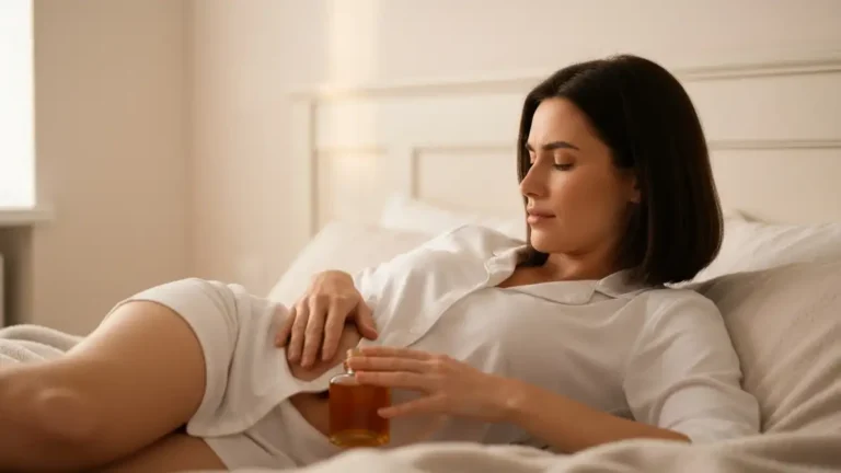 Kobieta wykonująca masaż brzucha w domu, leżąc, z olejkiem do masażu