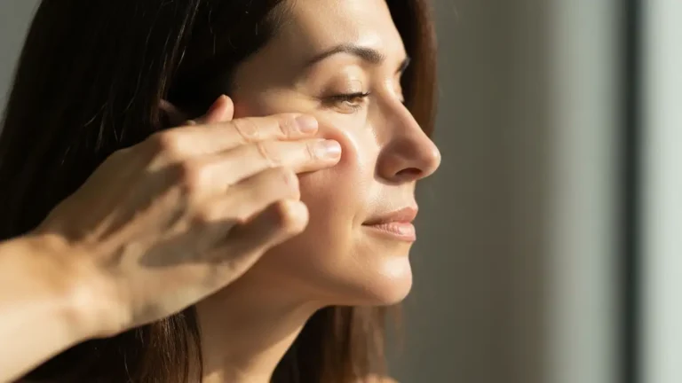 Kobieta wykonująca masaż liftingujący twarzy - ruch palców w górę na policzku, naturalne oświetlenie, spokojny wyraz twarzy