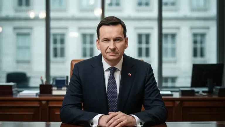 Mateusz Morawiecki - były premier Polski, patrzy w kamerę, formalny ubiór