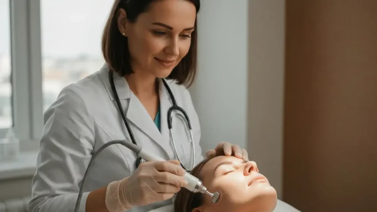 Zabieg mezoterapii igłowej - specjalista aplikuje preparat na twarz kobiety w pięknym oświetleniu kliniki dermatologicznej