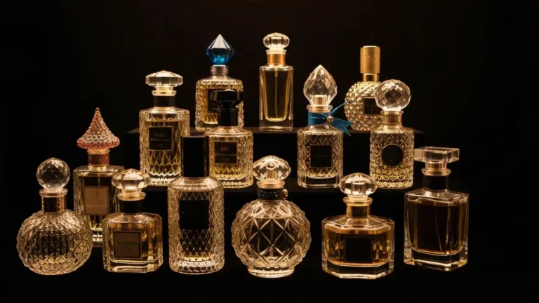Kolekcja flakoniów perfum niche różnych rodzajów zapachowych - kwiatowe, drewniane, orientalne w eleganckim ustawieniu