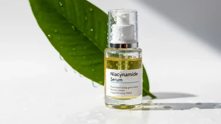 butelka serum z niacynamidem na białym tle, obok liście zielonej rośliny i kropla płynu