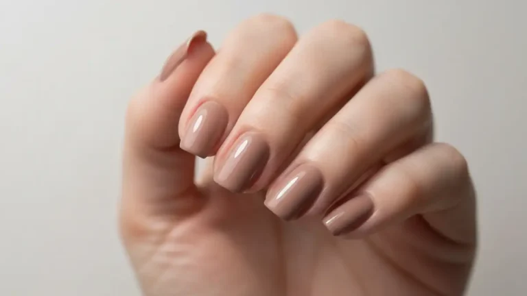 Dłoń kobiety z nude manicure - cielisty lakier do paznokci w odcieniu beżu, pokazanie palety kolorów nude
