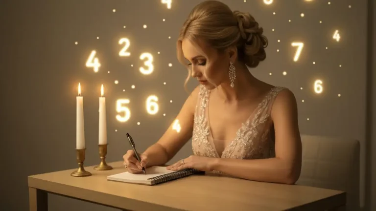 Kobieta obliczająca numerologię daty urodzenia przy stole z notatnikiem i cyframi