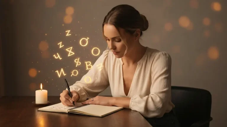 Kobieta obliczajaca numerologie imienia przy kartce z cyframi i symbolami