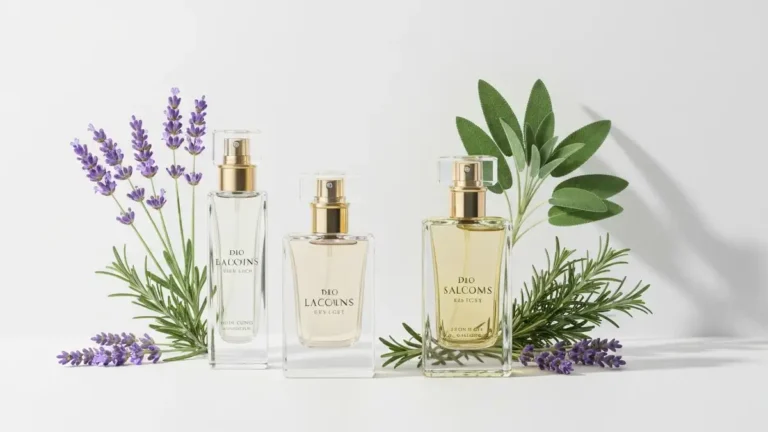 Trzy butelki perfum z nutami lawendy, rozmarynu i szałwii na jasnym tle z owocami lawendy