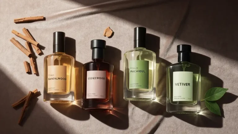 Cztery słoiki z nutami drewnymi - sandałowiec, cedr, paczula i wetiwer, w stylu luxe beauty photography