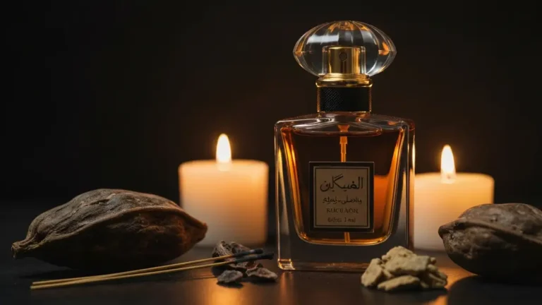 Fiolka perfum orientalnych z nutami amber, kadzidła, mirry i oud na tle złotej i ciemnej dekoracji