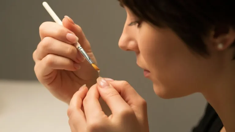 Kobieta aplikuje oliwkę do paznokci i skórek za pomocą pędzela, zbliżenie na dłoń z pięknym manicure