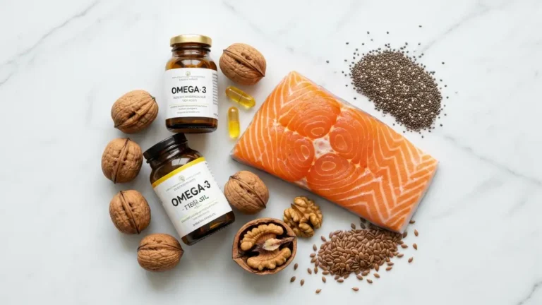 Omega-3 dla skóry - łosoś, nasiona lnu, orzechy włoskie i butelka oleju rybnego na białym tle