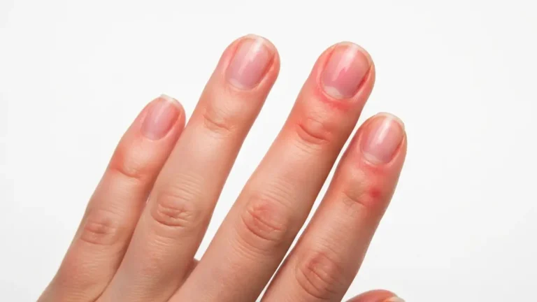 Dłoń z zapalonym paznokcie po opalaniu pod lampą UV do manicure - objawy erytemy i oparzenia