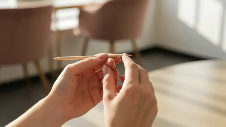 Kobieta pracuje patyczkiem do skórek na paznokciach dłoni, przygotowując manicure w domowym salonie piękności, zbliżenie na prawidłową technikę