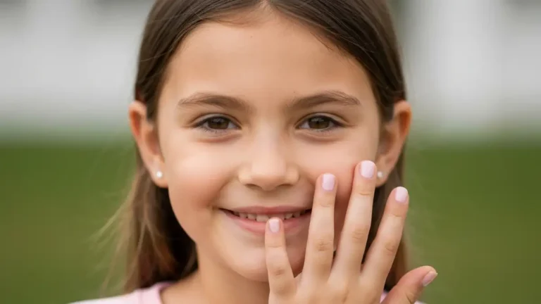 Dziewczynka z pomalowanymi paznokciami w bezpiecznym, pastelowym lakierze - manicure dla dzieci
