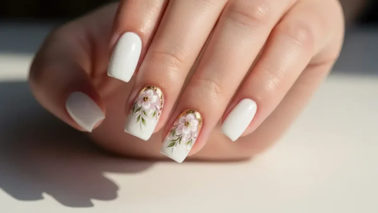 Eleganckie białe paznokcie na komunię z delikatnymi zdobieniami floralnymi