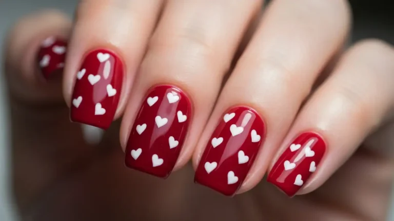 Kobieta z eleganckim manicure w kolorze czerwieni z małymi białymi serduszkami na paznokciach, w stylu walentynkowym