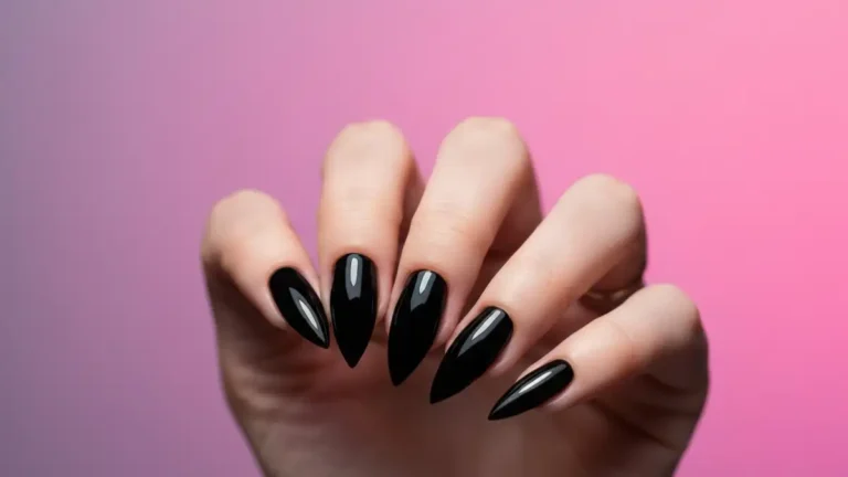 Kobieca dłoń z paznokciami stiletto w czarnym kolorze na gradient różowo-fioletowym tle, portret 3:4