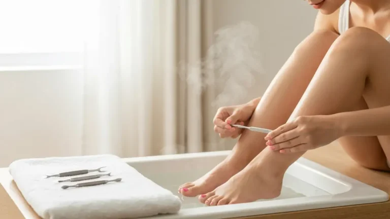 Kobieta podczas domowego pedicure klasycznego, widoczne narzędzia do pielęgnacji paznokci stóp