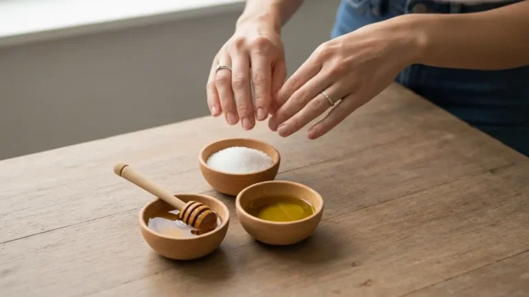 Kobieta zaraz ma nałożyć domowy peeling cukrowy na pięknie oświetlone dłonie, widać białą miksturę peelingu na drewnianych łyżkach i czaszę miodu, leżą świeże owoce do pielingu, fotografia lifestyle