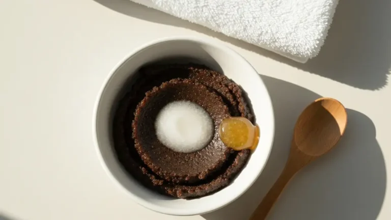 Domowy peeling kawowy na białej misce, fusy kawy, olej kokosowy i miód, obok mała łyżeczka drewniana i ręcznik