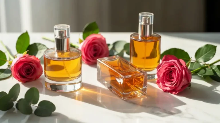 Butelki perfum w odcieniach bursztynu i różu na marmurowym blacie, z kwiatami róży i liśćmi - reprezentacja najlepszych zapachów na randkę dla kobiet