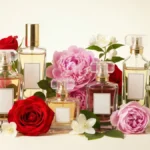 Elegancka kolekcja wiosennych damskich perfum w butelkach z kwiatowymi i zielonymi nutami, otoczona świeżymi wiosennymi kwiatami (róża, piwonia, jaśmin) i liśćmi, na jasnym tle