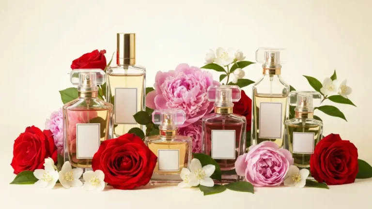 Elegancka kolekcja wiosennych damskich perfum w butelkach z kwiatowymi i zielonymi nutami, otoczona świeżymi wiosennymi kwiatami (róża, piwonia, jaśmin) i liśćmi, na jasnym tle