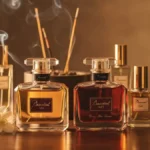 Perfumy Baccarat Rouge 540 i butelki zamienników ustawione w rzędy z nutami zapachowymi w tle