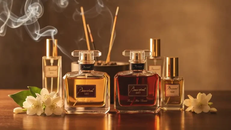 Perfumy Baccarat Rouge 540 i butelki zamienników ustawione w rzędy z nutami zapachowymi w tle