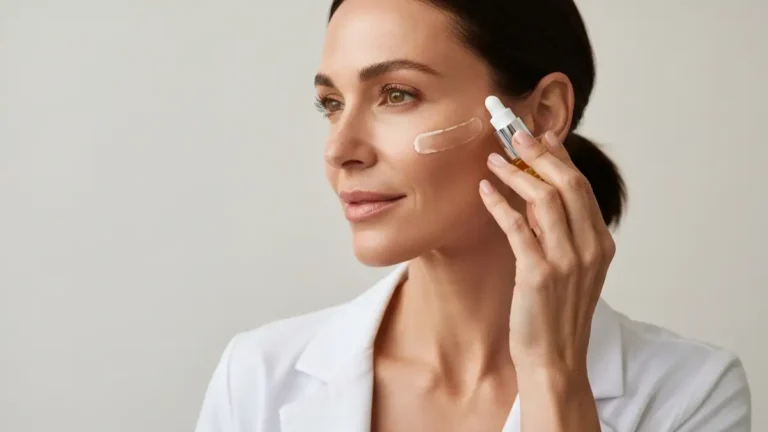 Kobieta w wieku 30+ stosująca serum antyaging do twarzy, naturalne oświetlenie, zdrowa skóra