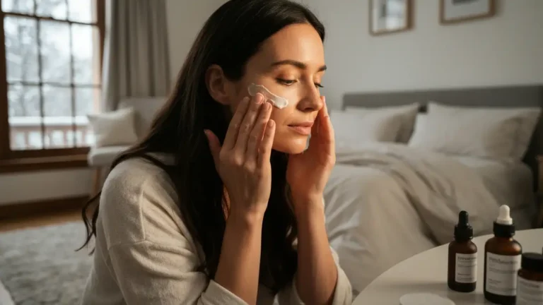 Kobieta w zimie nakładająca bogatą pielęgnację - krem do twarzy, serum, zimowa skincare rutyna