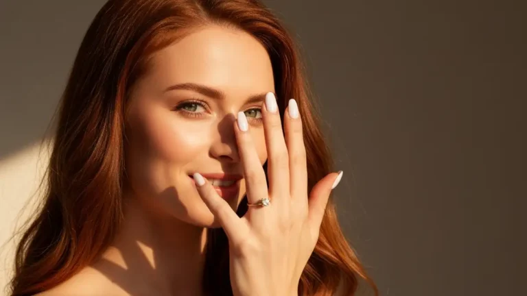 Kobieta nosząca elegancki pierścionek zaręczynowy z diamentem, manicure French, z delikatnym uśmiechem