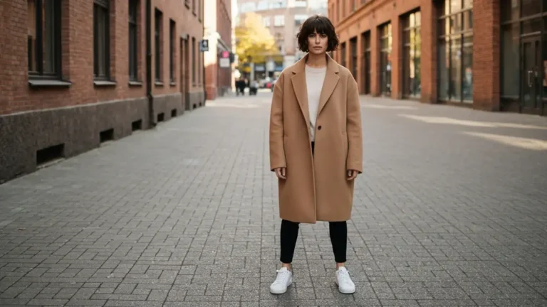 Kobieta w płaszczu oversize camel na ulicy, modna stylizacja autumn look