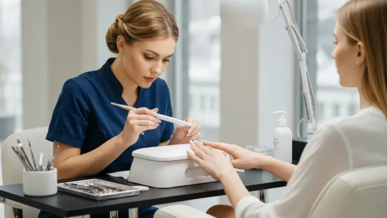 Kobieta manicurzystka używająca pochłaniacza pyłu podczas pracy na paznokciach klientki w salonie