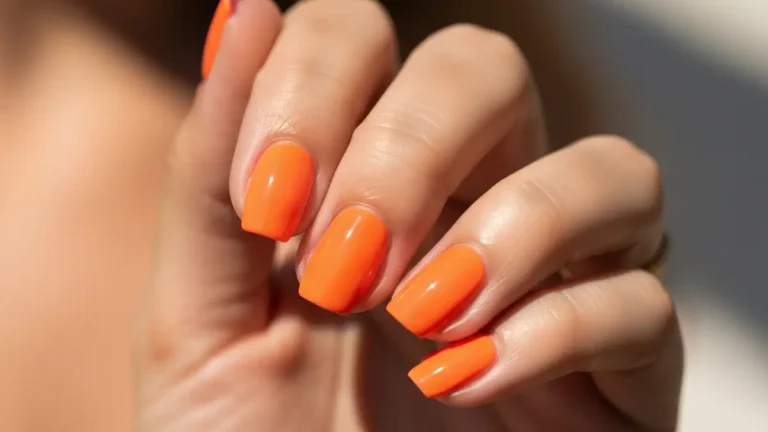 Pomarańczowe paznokcie z hybrydą na opaleniznę - zbliżenie na dłoń z manicure