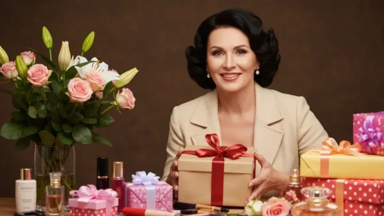 Kobieta trzymająca elegancko zapakowany prezent, uśmiechnięta, w otoczeniu rozkwieconych kwiatów i prezentów