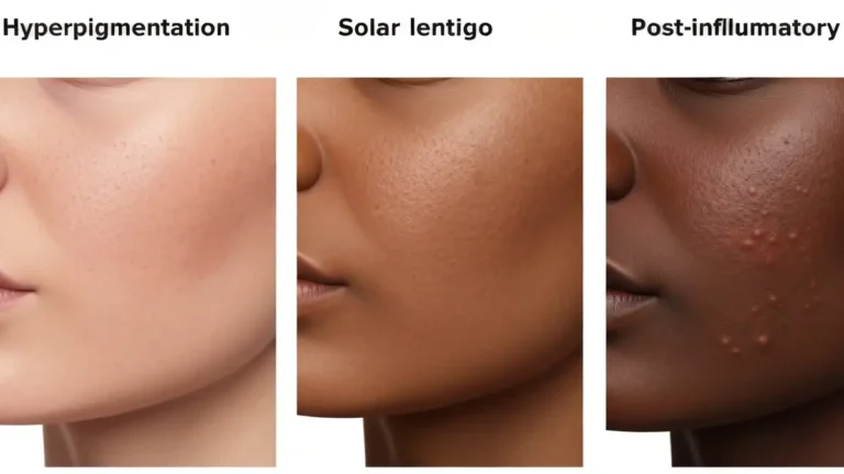 Porównanie typów przebarwień na twarzy: melasma, lentigo, przebarwienia post-zapalne na różnych tonach skóry