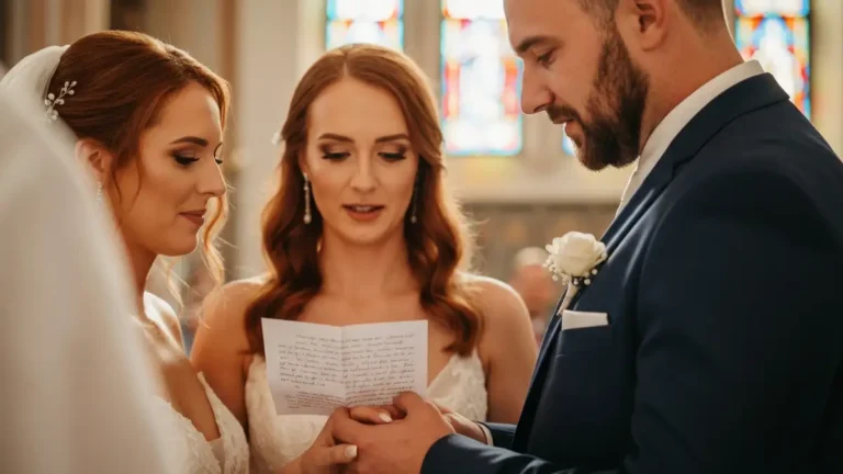 Para kochanków trzymająca się za ręce w kościele, moment czytania własnych przysięg małżeńskich