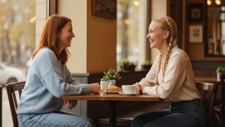 Dwie kobiety siedzą przy kawie, rozmawiają i uśmiechają się podczas pierwszej randki