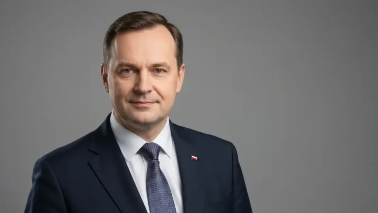 Rafał Trzaskowski - portret polityka, uśmiechający się, w garniturze, studio, profesjonalne zdjęcie