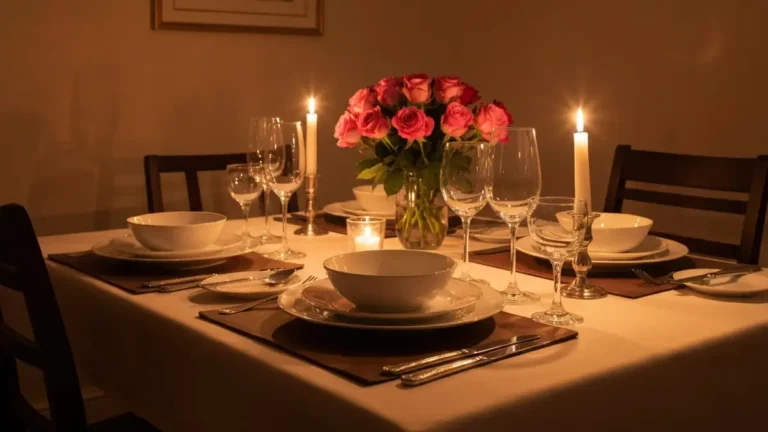 Romantyczna randka w domu - zastawiony stół, świeczki, wino i kwiaty