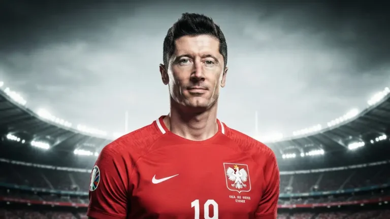 Robert Lewandowski w koszulce reprezentacji Polski, portret 3:4 na tle stadium