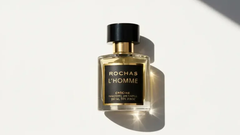 Butelka perfum Rochas L'Homme na jasnym tle, elegancka czarna etykieta, klasyczne złote akcenty, prezentacja luksusowa