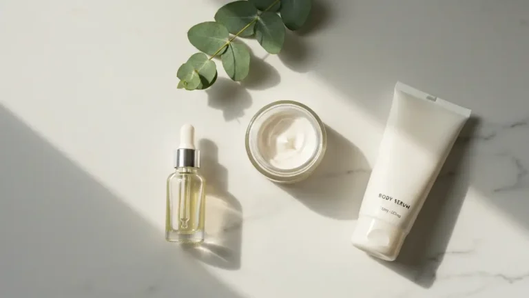 Poranny rytuał pielęgnacyjny - rozlane serum do ciała w butelce obok kosmetyków na marmurowej powierzchni