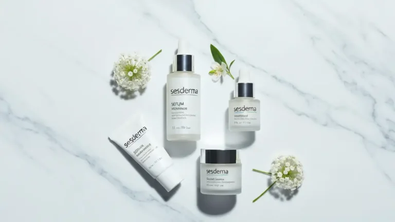 Produkty Sesderma - serumka, krem i mleczko oczyszczające na jasnym tle