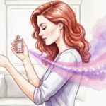 Kobieta stosująca perfum z buteleczki na wnętrze nadgarstka, ilustracja rozprzestrzeniania się zapachu wokół postaci