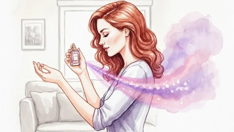 Kobieta stosująca perfum z buteleczki na wnętrze nadgarstka, ilustracja rozprzestrzeniania się zapachu wokół postaci