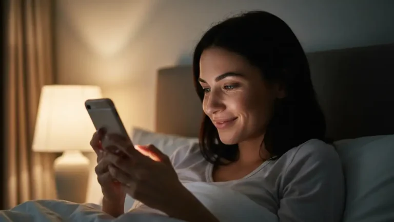 Kobieta w łóżku wieczorem wysyła czuły SMS do swojego chłopaka - blask ekranu smartfona oświetla jej twarz, wyraz radości i czułości