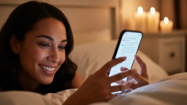 Kobieta czytająca romantycznego SMS-a na telefonie wieczorem w łóżku, uśmiechnięta i wzruszona