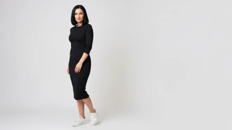 Kobieta w czarnej sukience midi i białych sneakersach stoi elegancko na błękitnym tle